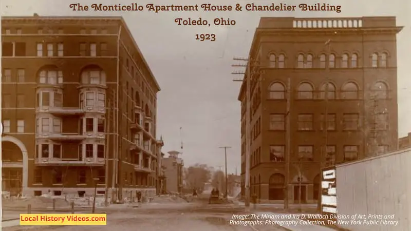Old photo of the The Monticello Apartment House and Chandelier Building at Toledo, Ohio, taken in 1923