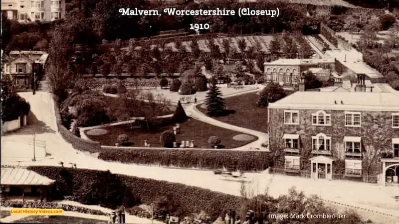 Closeup of an old postcard of Malvern, Worcestershire, printed in 1910