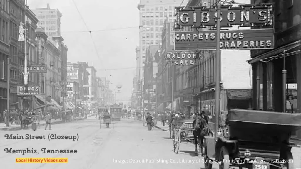 Closeup of an old photo of Main Street in Memphis, Tennessee, seen looking north from Gayoso Avenue, probably taken in the early years of the 20th Century