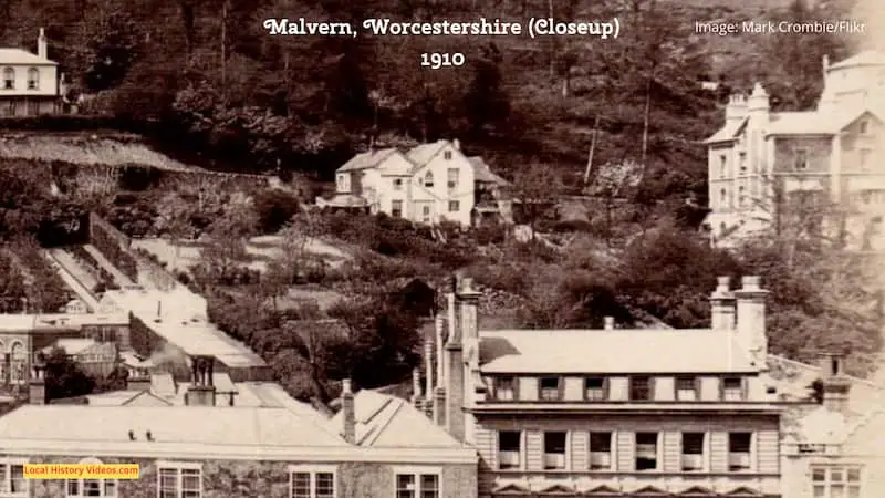Closeup of an old postcard of Malvern, Worcestershire, printed in 1910