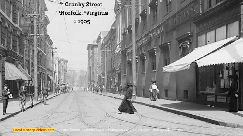 Closeup of an old photo of Granby Street in Norfolk, Virginia, taken around 1905