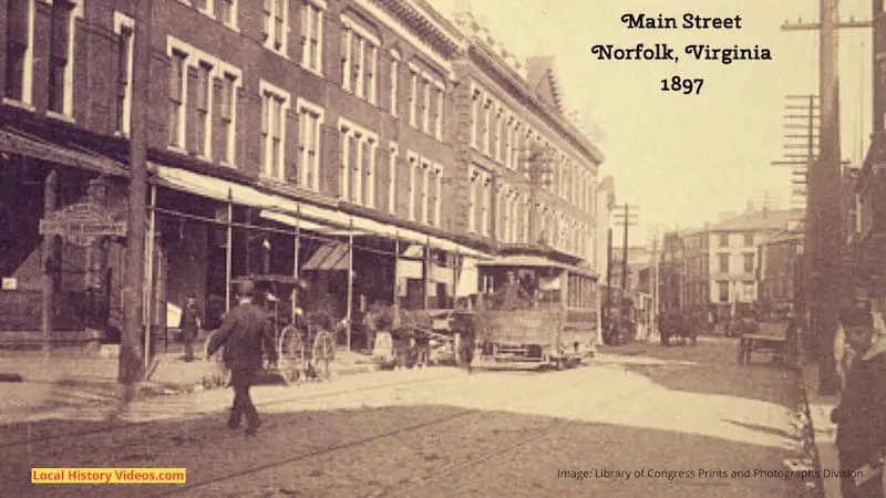 Closeup of an old photo of Main Street in Norfolk, Virginia, taken in 1897