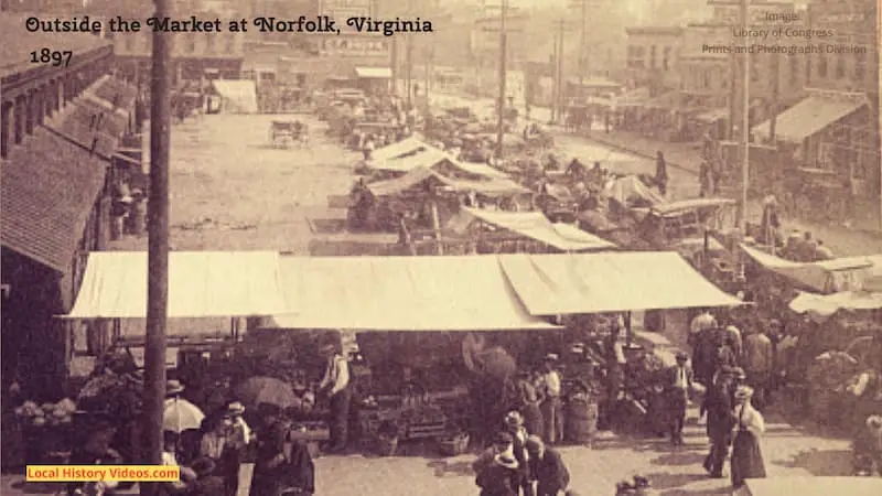 Closeup of an old photo of the outside of the market at Norfolk, Virginia, taken around 1897