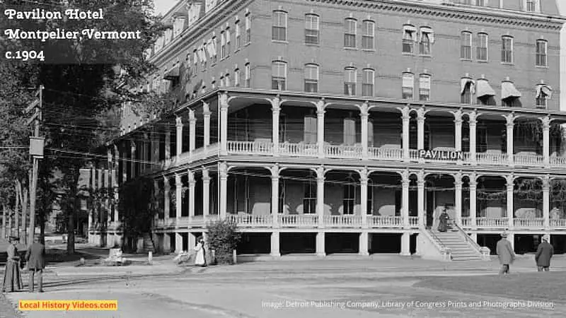 Closeup of an old photo of the Pavilion Hotel in Montpelier, Vermont, taken around 1904