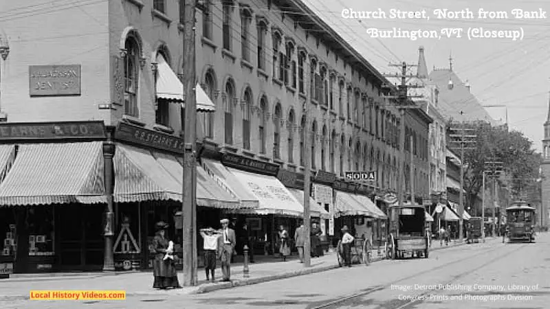 Closeup of an old photo of Church Street in Burlington, Vermont, looking north from Bank Street