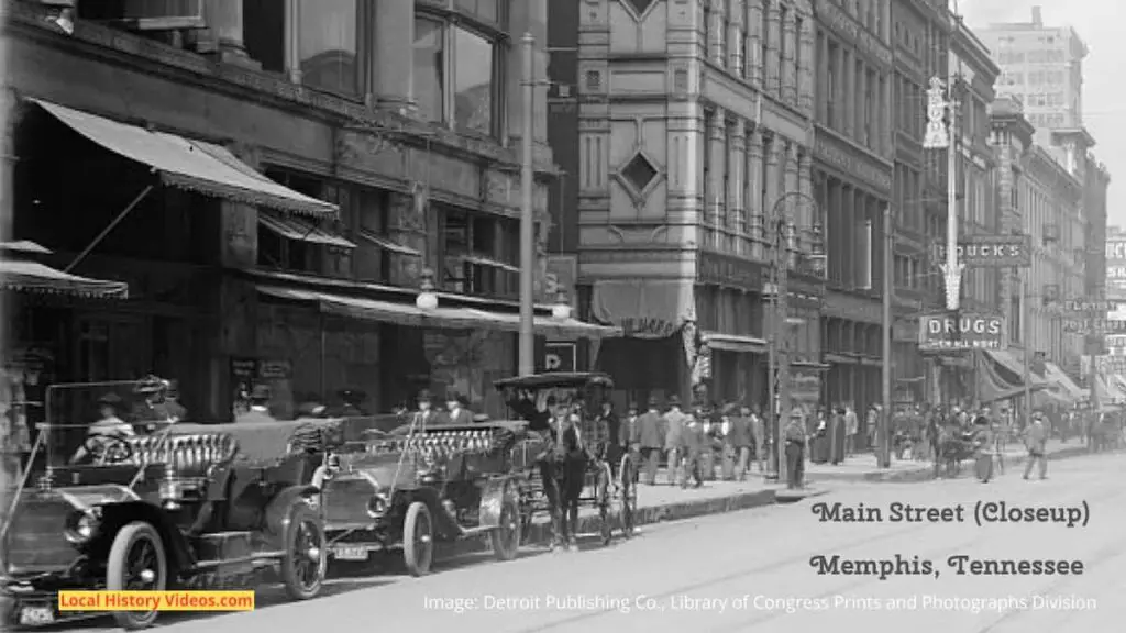 Closeup of an old photo of Main Street in Memphis, Tennessee, seen looking north from Gayoso Avenue, probably taken in the early years of the 20th Century