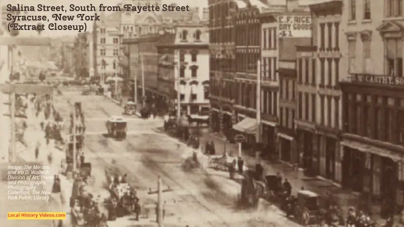 Closeup of an old photo of Salina Street, in Syracuse, New York, looking south from Fayette Street