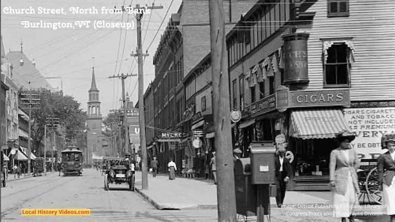 Closeup of an old photo of Church Street in Burlington, Vermont, looking north from Bank Street