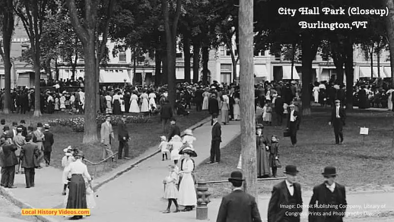 Closeup of an old photo of crowds gathered at the City Hall Park in Burlington, Vermont