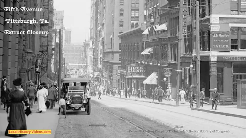 Closeup of an old photo of Fifth Avenue in Pittsburgh, Pennsylvania, taken in the early 20th Century