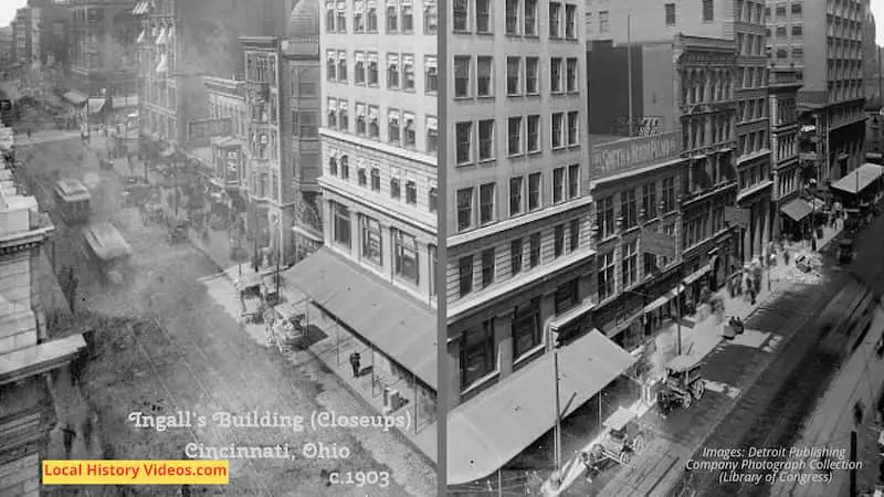 Two closeups of the old photo of Ingall's Building in Cincinnati, Ohio, taken between 1903 and 1906