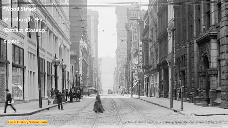 Closeup of an old photo of Wood Street, Pittsburgh, Pennsylvania, taken about 1900