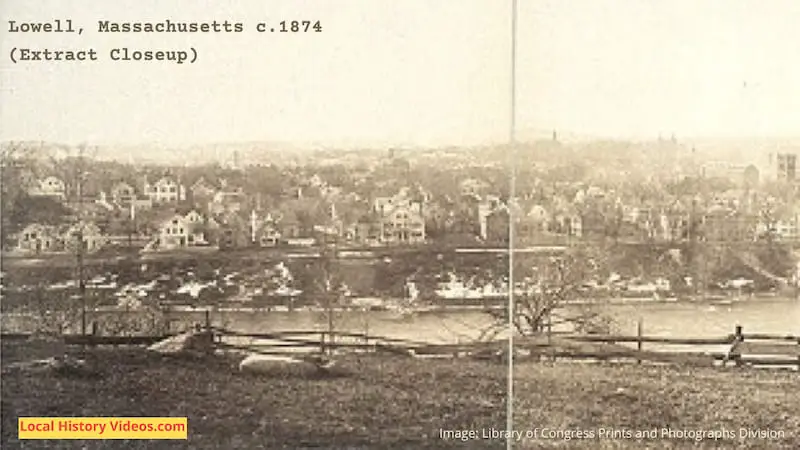 Closeup of an old Panorama photo of Lowell Massachusetts, from the Northeast side, taken around 1874