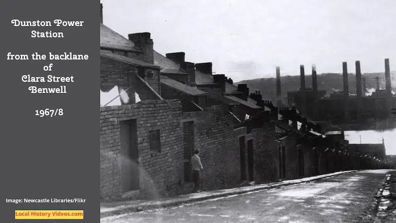 Old photo of Dunston Power Station from across the River Tyne, in the back lane of Clara Street, Benwell, in 1967 or 1968