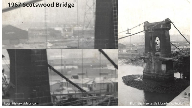 Old photo of the demolition of the Chain Bridge in 1967, with two closeups of the nearby businesses