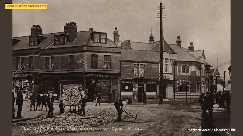 Old photo of road works outside the Dunston Post Office and New Club