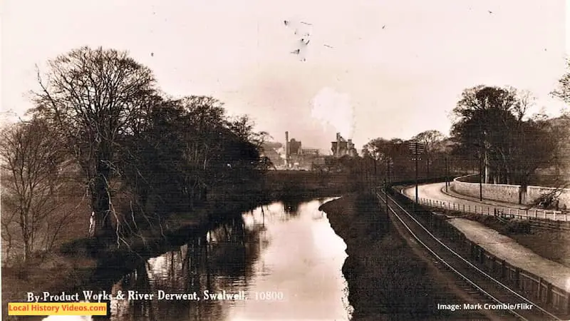 Old postcard photo of the River Derwent at Swalwell, showing a by-products works in the background