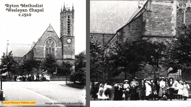 Old photo of the Ryton Methodist Wesleyan Chapel, taken around 1910, with a close up of what may have been the Sunday School class gathered outside