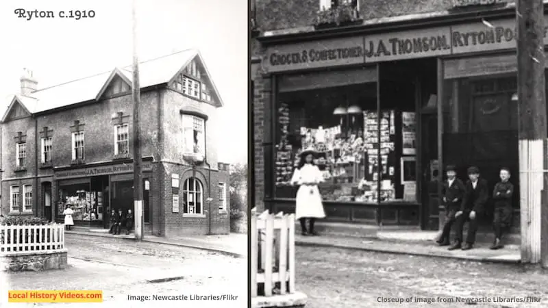 Old photo of Ryton Post Office and Grocers, taken around 1910, with a close up of the shop window