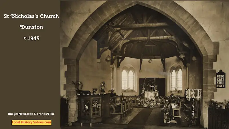 Old photo of the interior of St Nicholas's Church in Dunston, taken around 1945, the year World War II ended
