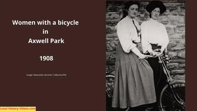 Old photo of two women with a bicycle at Axwell Park