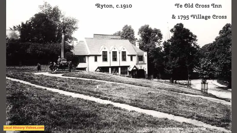 Old photo of Ye Old Cross Inn and the 1795 Village Cross in Ryton, taken around 1910