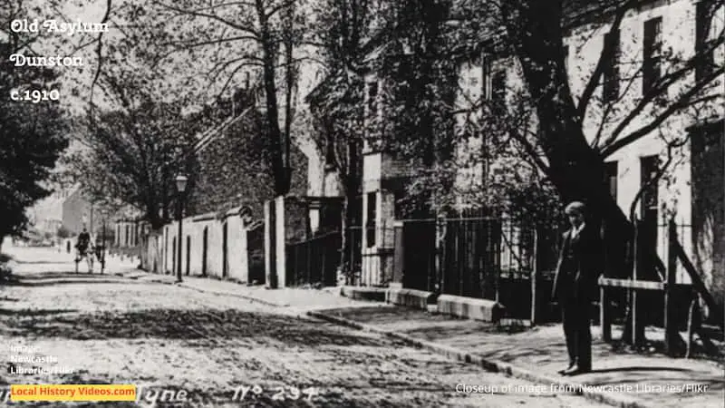 Closeup of an old photo of the Dunston street where the asylum stood, taken around 1910