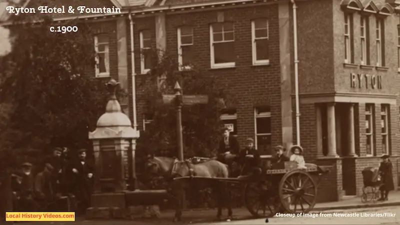 Old photo of the Ryton Hotel and the water fountain outside, taken around 1900