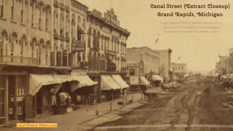 Closeup of an old photo of Canal Street, Grand Rapids, Michigan, probably taken in the late 1800s