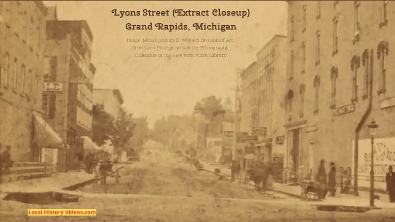 Closeup of an old photo of Lyons Street, Grand Rapids, Michigan, probably taken in the late 1800s