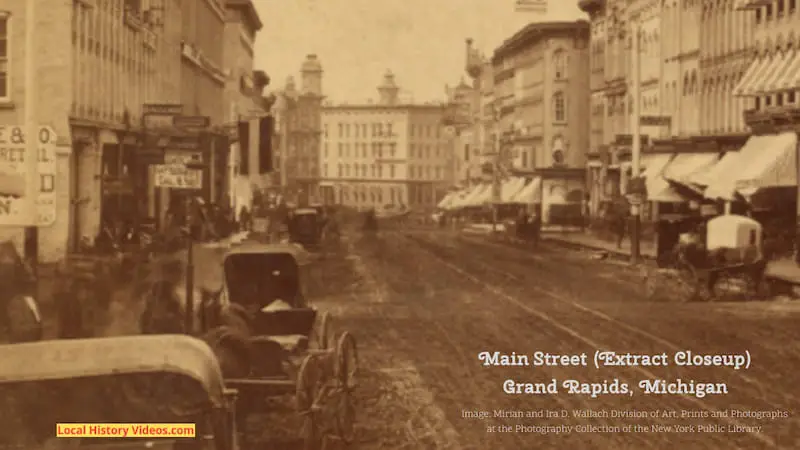 Closeup of an old photo of Main Street, Grand Rapids, Michigan, probably taken in the late 1800s