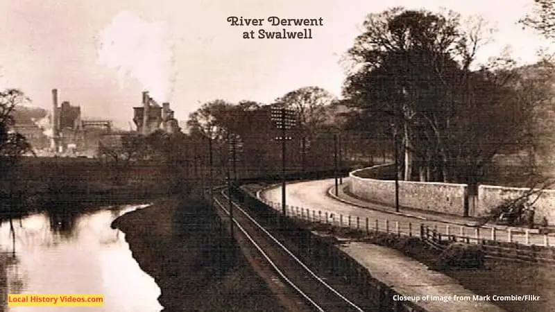 Closeup of an old postcard photo of the River Derwent at Swalwell, showing a by-products works in the background