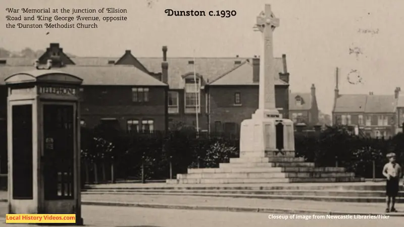 Closeup of an old photo of the War Memorial in Dunston, taken around 1930, at the junction of Ellison Road and King George Avenue