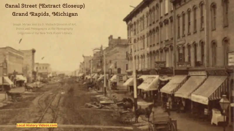 Closeup of an old photo of Canal Street, Grand Rapids, Michigan, probably taken in the late 1800s