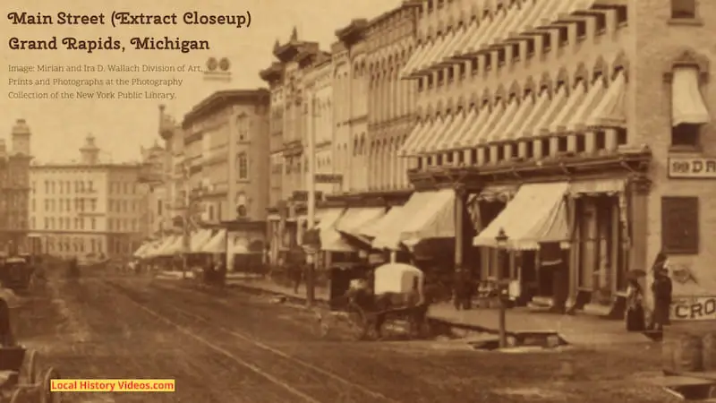 Closeup of an old photo of Main Street, Grand Rapids, Michigan, probably taken in the late 1800s