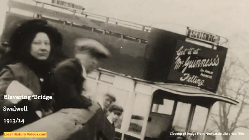 Closeup of an old photo of an omnibus accident at Clavering Bridge, Swalwell, taken in 1913 or 1914