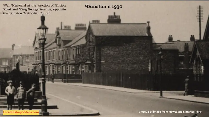 Closeup of an old photo of the War Memorial in Dunston, taken around 1930, at the junction of Ellison Road and King George Avenue, with the Methodist Church to the right