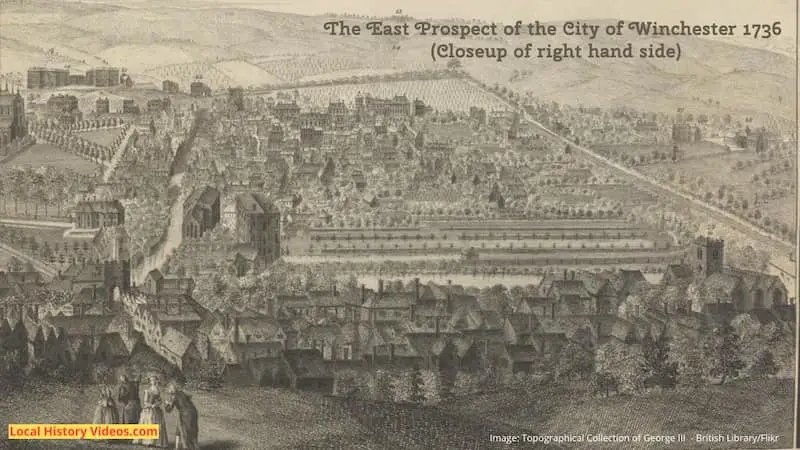 Closeup of old picture of east prospect of the city of Winchester Hampshire England 1736