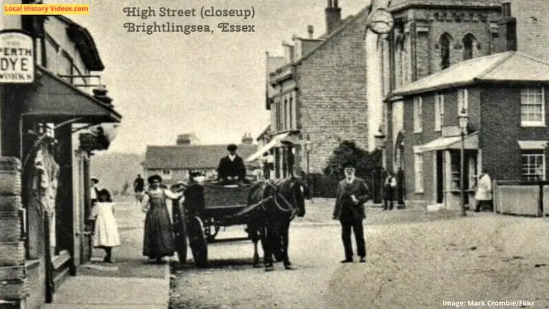 Closeup of Old photo postcard of Brightlingsea High Street Essex