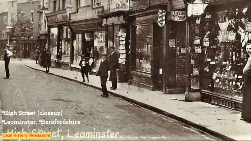 Closeup of an Old photo postcard of the High Street Leominster Herefordshire England