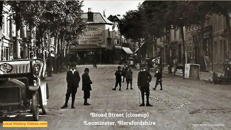 Closeup of old photo postcard of Broad Street Leominster Herefordshire England August 1924