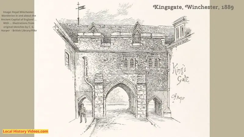 Old book illustration of Kingsgate Winchester England 1889