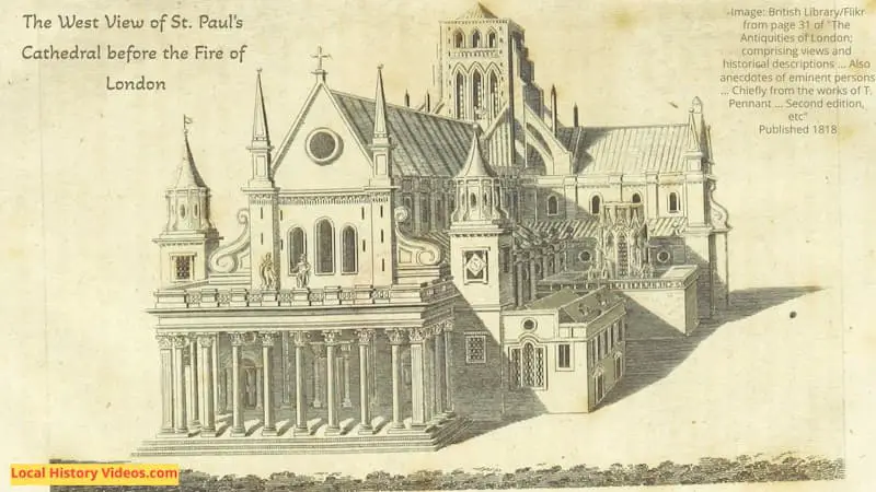 Old book illustration of the West View of St Paul's Cathedral before the Fire of London published 1818