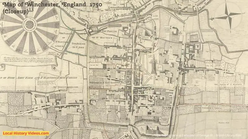 Closeup of an old map of of Winchester England 1750