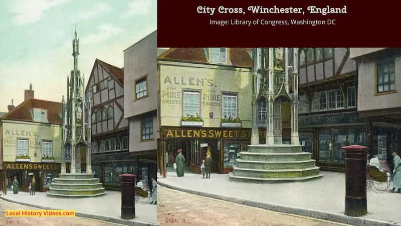 Old photo of City Cross Winchester England in Edwardian times, with a closeup of the shops around the cross