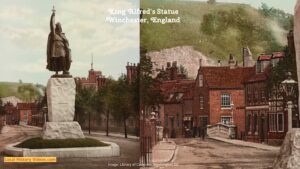 Old photo of King Alfred's statue Winchester Hampshire England, with a closeup of part of the old photo