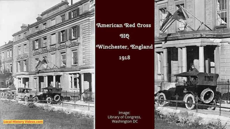 Old photo of the American Red Cross HQ at Winchester England World War I 1918, with a closeup of a man coming out of the main doorway towards his old fashioned car