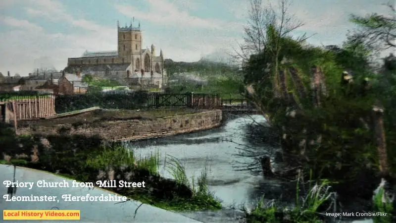Old photo postcard of Priory Church from Mill Street Leominster Herefordshire