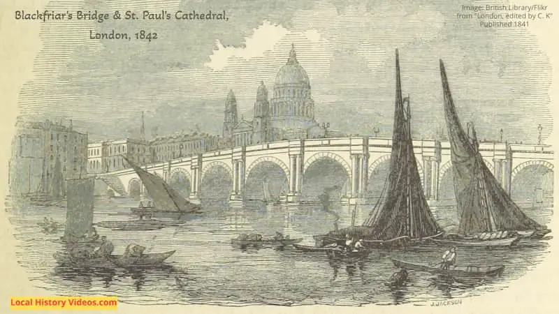 Old picture of Blackfriars Bridge and St Pauls Cathedral London published 1841