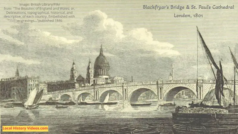 Old picture of Blackfriars Bridge and St Pauls Cathedral in London published 1801
